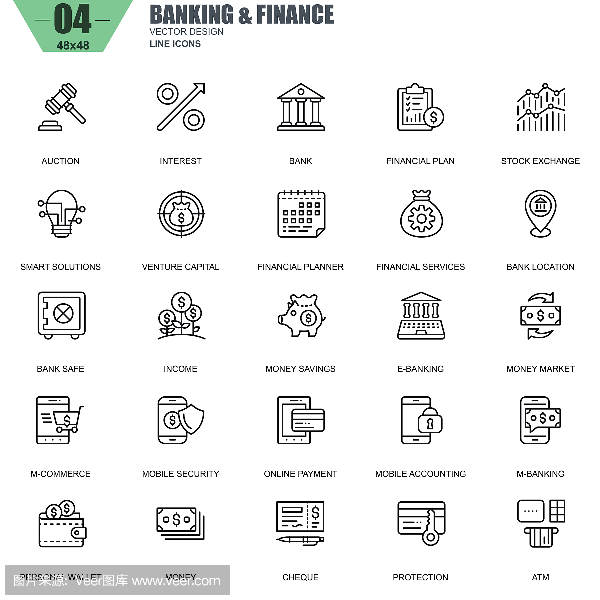 细线银行和金融图标设置为网站