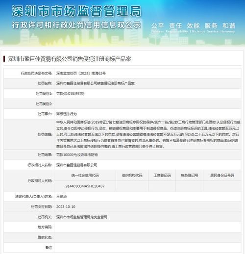 深圳市盈巨佳贸易销售侵犯注册商标产品案